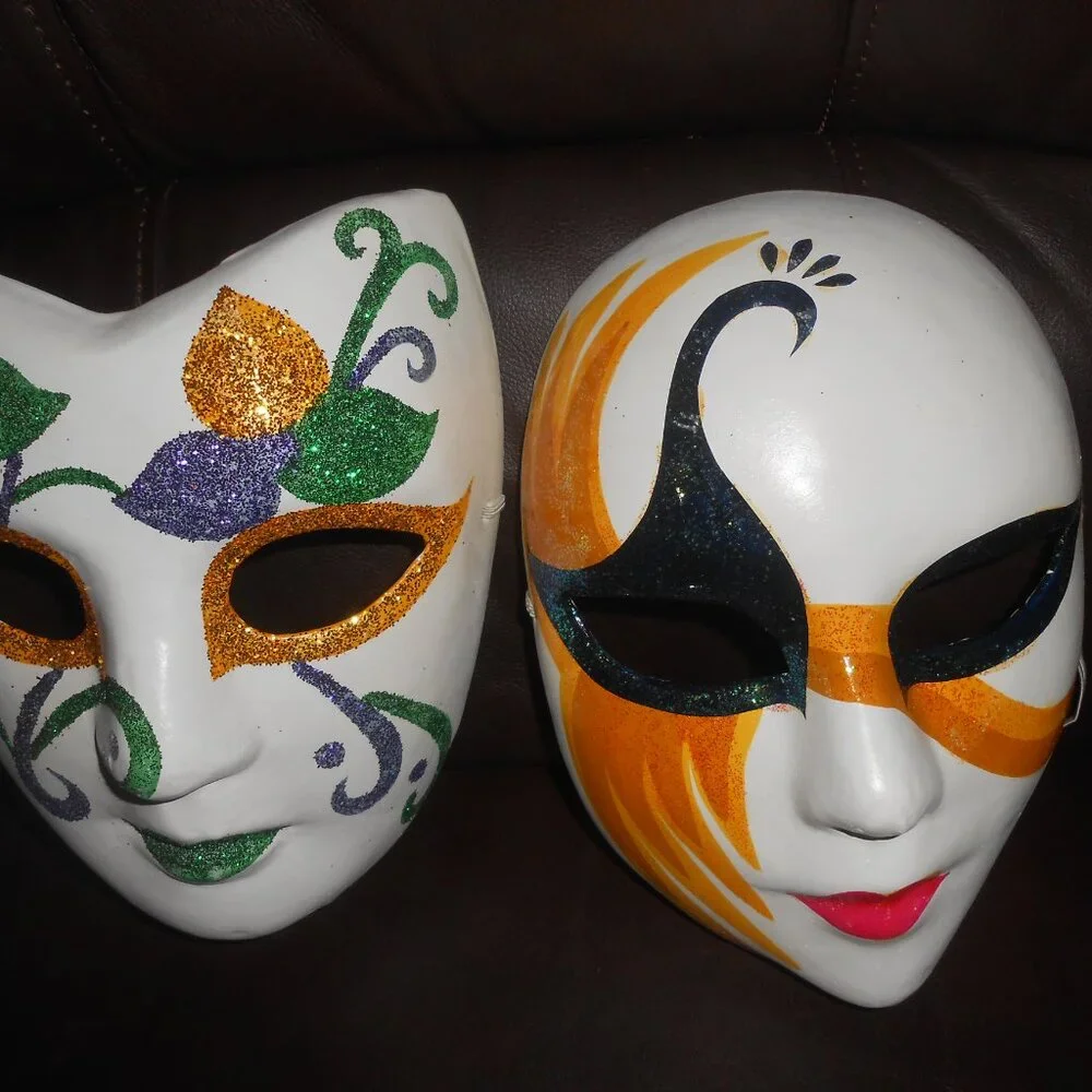 LOT 2 NEW PAPER MACHE GLITTER HALLOWEEN MARDI GRA MASKS FULL FACE ADULT